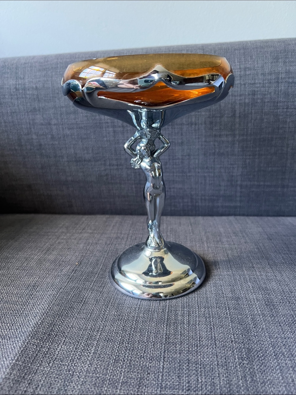 Farber Bros MCM Art Deco Nude Figural Compote with Amber Glass Bowl and chrome